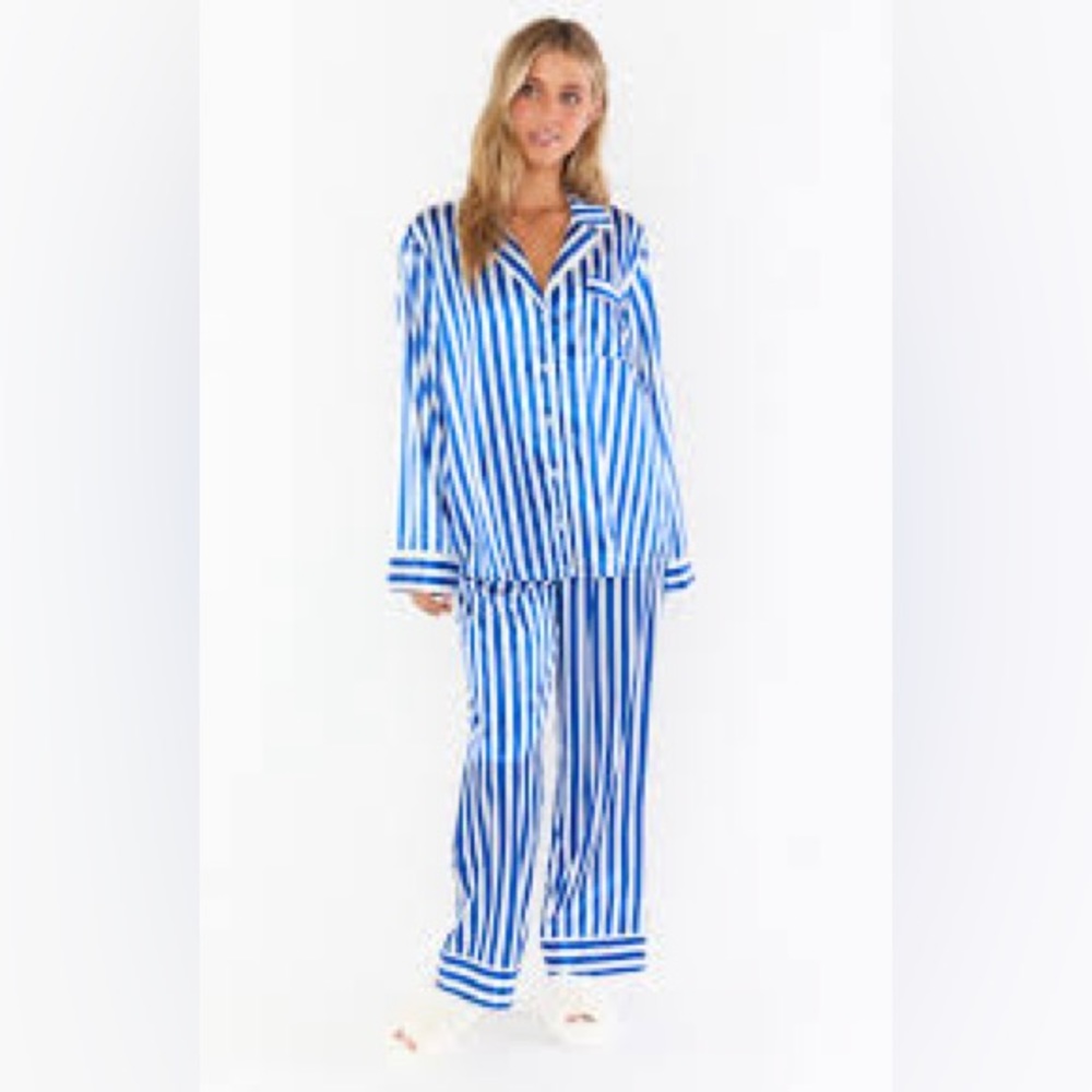 Show Me Your MuMu Blue & White Striped Satin Pajama Set